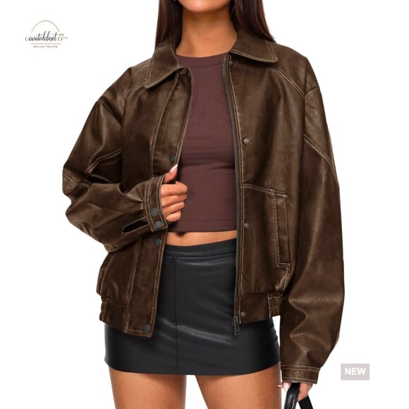 Jackets & Blazers - Faux Leather Bomber Jacket Women Oversized Moto Biker Zip Up Winter Coat